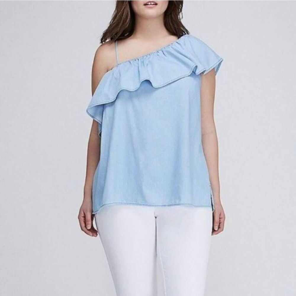 Lane Bryant One Shoulder Ruffle Top Womens 22/24 Light Blue Cotton NWT